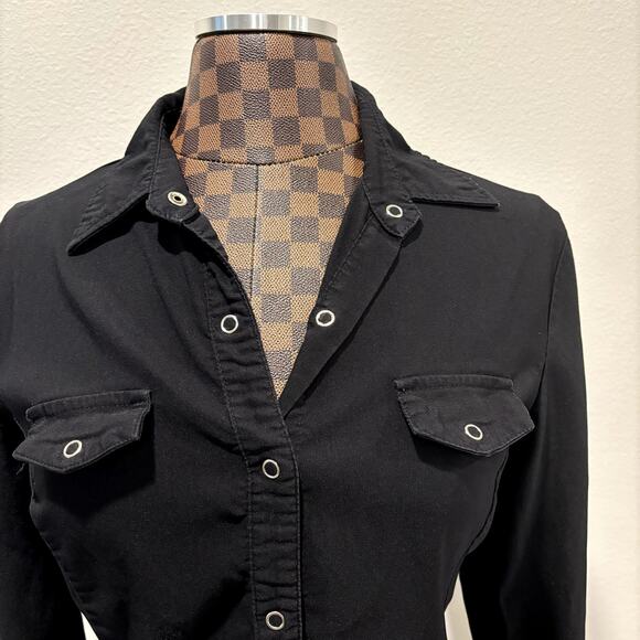 Vtg 2000s Y2K Michelle Black Snap Blouse M Stretch Long Sleeve Shirt Top Fitted - Picture 4 of 7